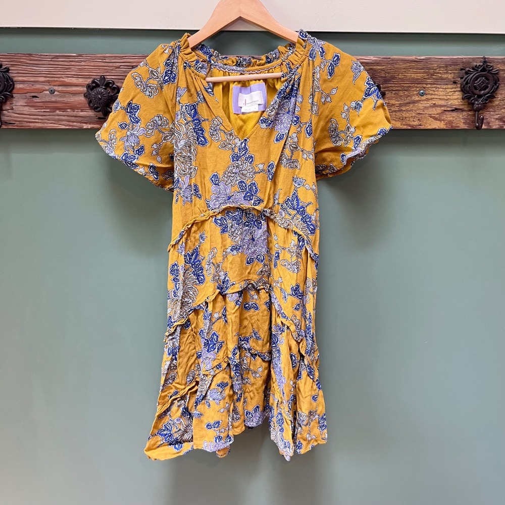 Anthropologie Mustard Yellow Floral Paisley Tiered Mini Dress V-Neck Small